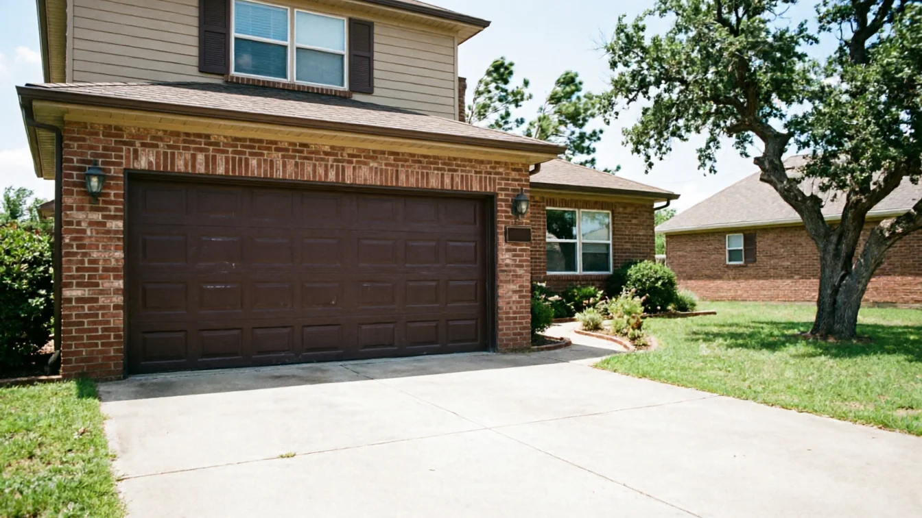 A brown garage door is on a brick house with a concrete driveway.
