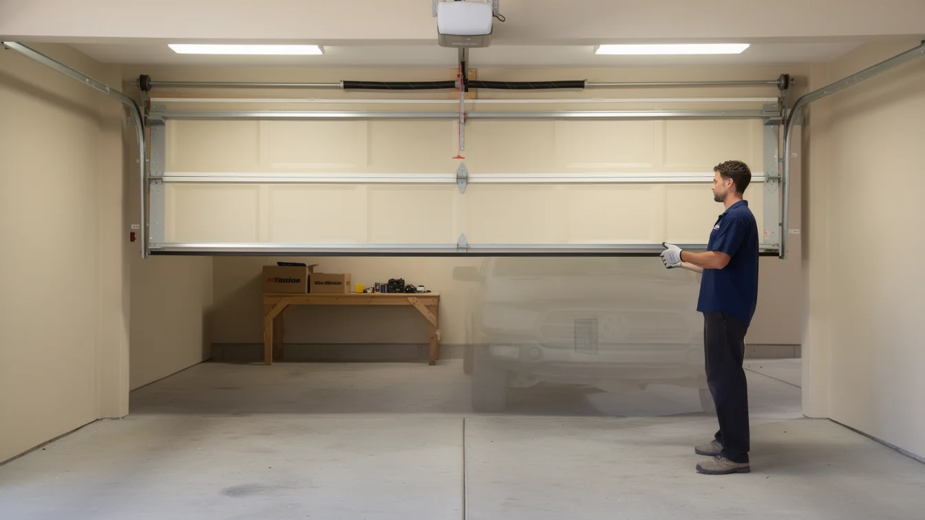 A technician stands in a garage with a partially open garage door.